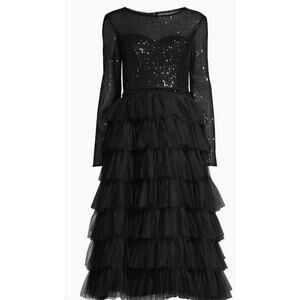 IEENA FOR MAC DUGGAL Black Long Sleeve Ruffle Tiered Midi Dress (NEW)